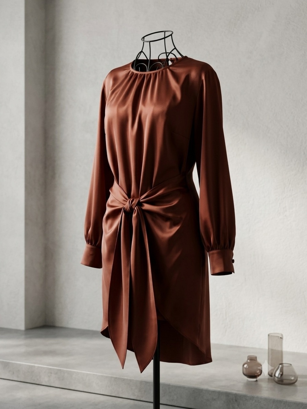 PRETTYGARDEN Satin Tie-Waist Long Sleeve Dress Rust Brown XL (nwt)
